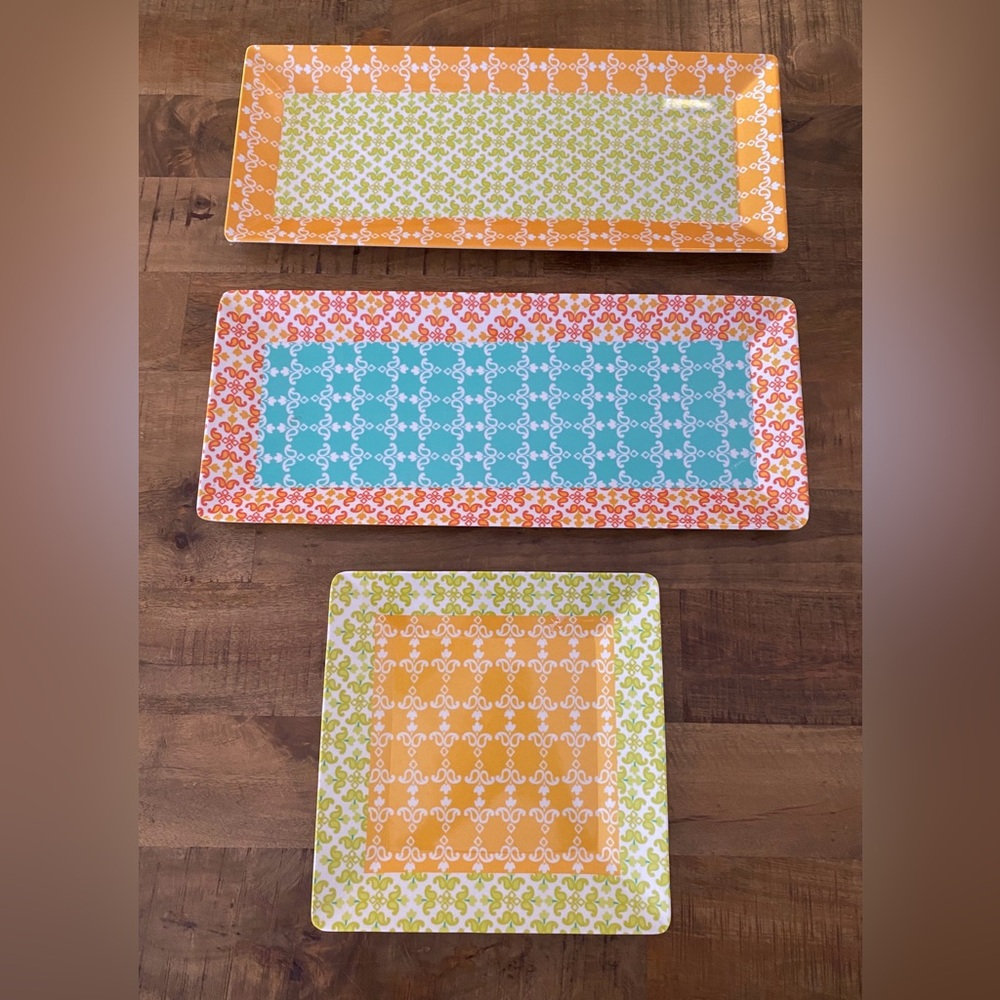 Set of 3 Melamine Plastic Colorful Indoor Outdoor Serving Trays Plates Platters